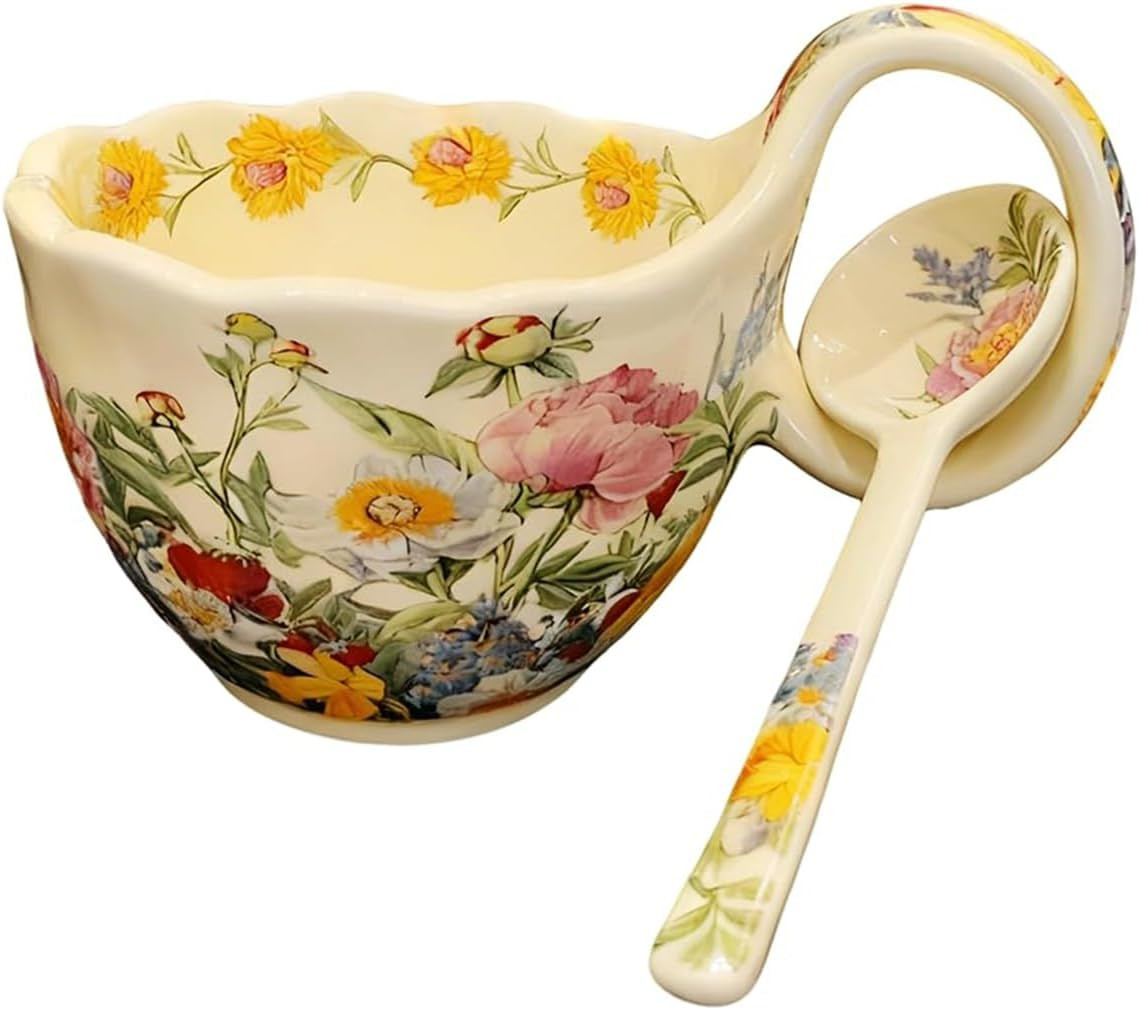 17.64 Oz Microwavable Soup Bowl with Handle, Hand Painted A Blossom of Colors Decorative Soup Bow... | Amazon (US)