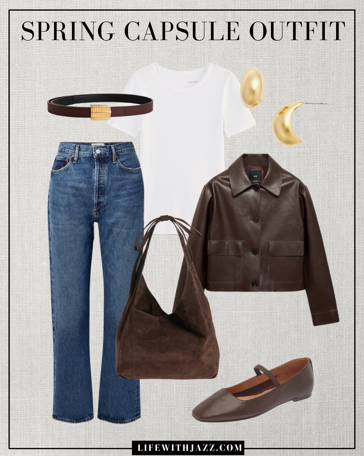 Spring capsule outfit 

Spring capsule / capsule wardrobe / spring style /classic style/ mid blue wash ankle jeans / crop leather jacket / white tee / chocolate brown suede tote/ ballet flats / belt / gold earrings / sc25 

#LTKSeasonal #LTKStyleTip
