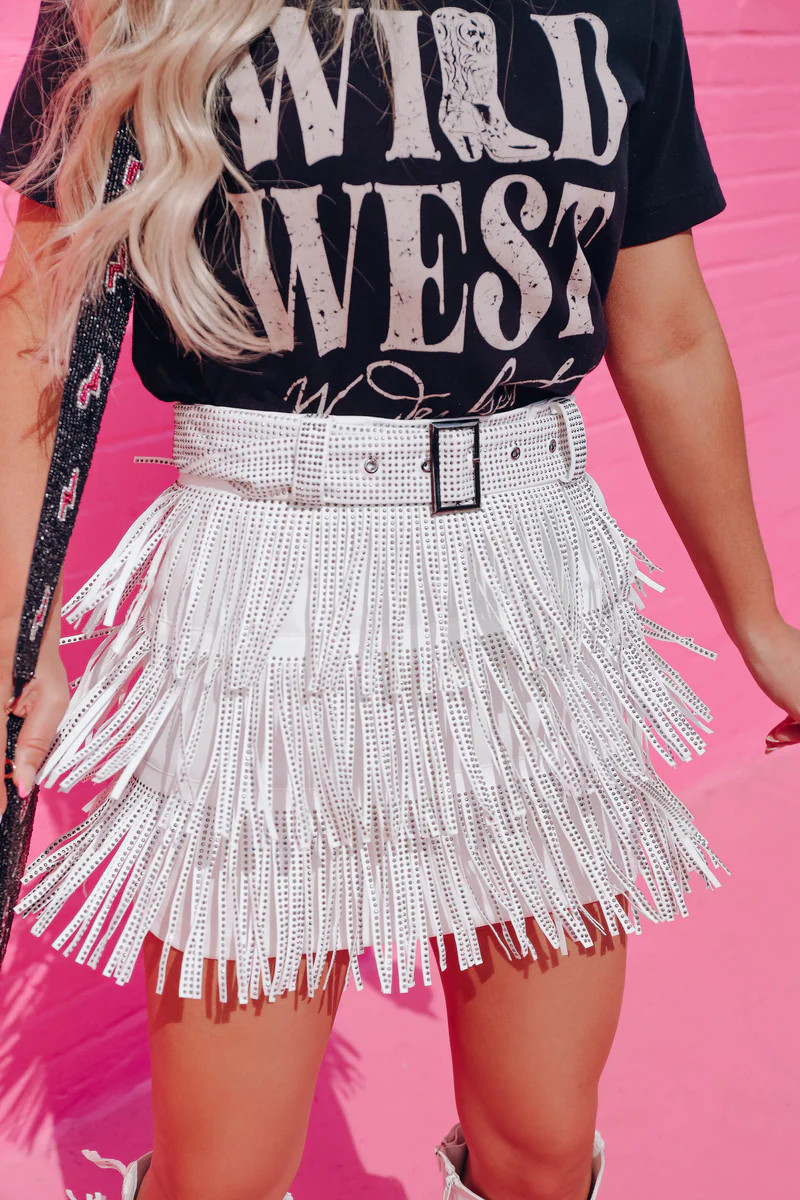 Rhinestone Diva Fringe Mini Skirt - White | Whiskey Darling Boutique