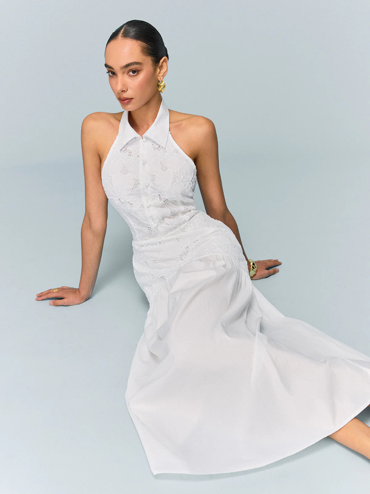 Pocketed Halter Neck Embroidered Dress with Non-Belted | Commense