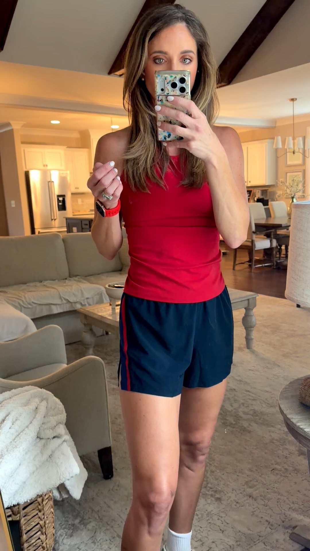 Red and blue shorts
Read and blue team colors 
Red white and blue 

#LTKSeasonal #LTKootd #LTKActive