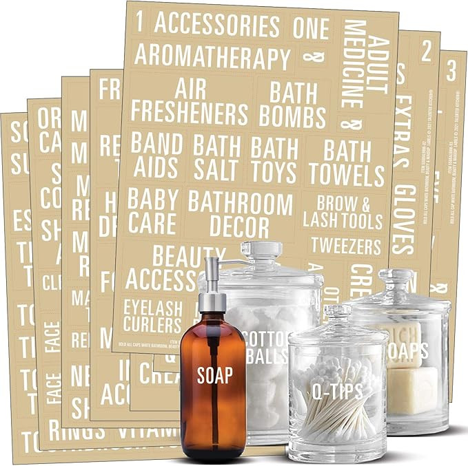 Talented Kitchen 186 Bold All Caps Bathroom Labels, Beauty & Makeup Labels. White Labels on Clear... | Amazon (US)