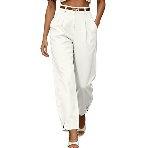 Womens Dress Pants for Work Casual Business Pants for Women Dress Work Wide Leg High Waisted Trousers with Pockets Pleated Slacks Office Outfits Pantalon de Vestir para Mujer White S | Amazon (US)