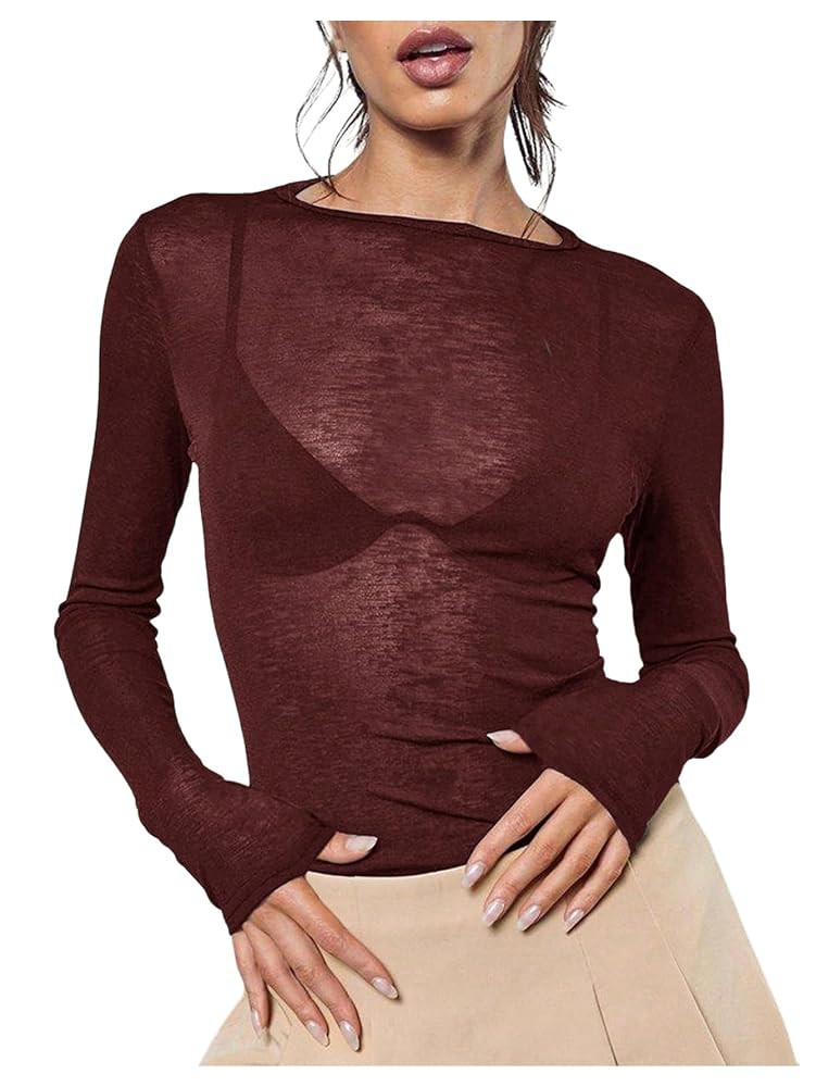 Women's Sheer Mesh Long Sleeve T Shirts Boat Neck Slim Fit Tee Tops Going Out See Through Shirts | Amazon (US)
