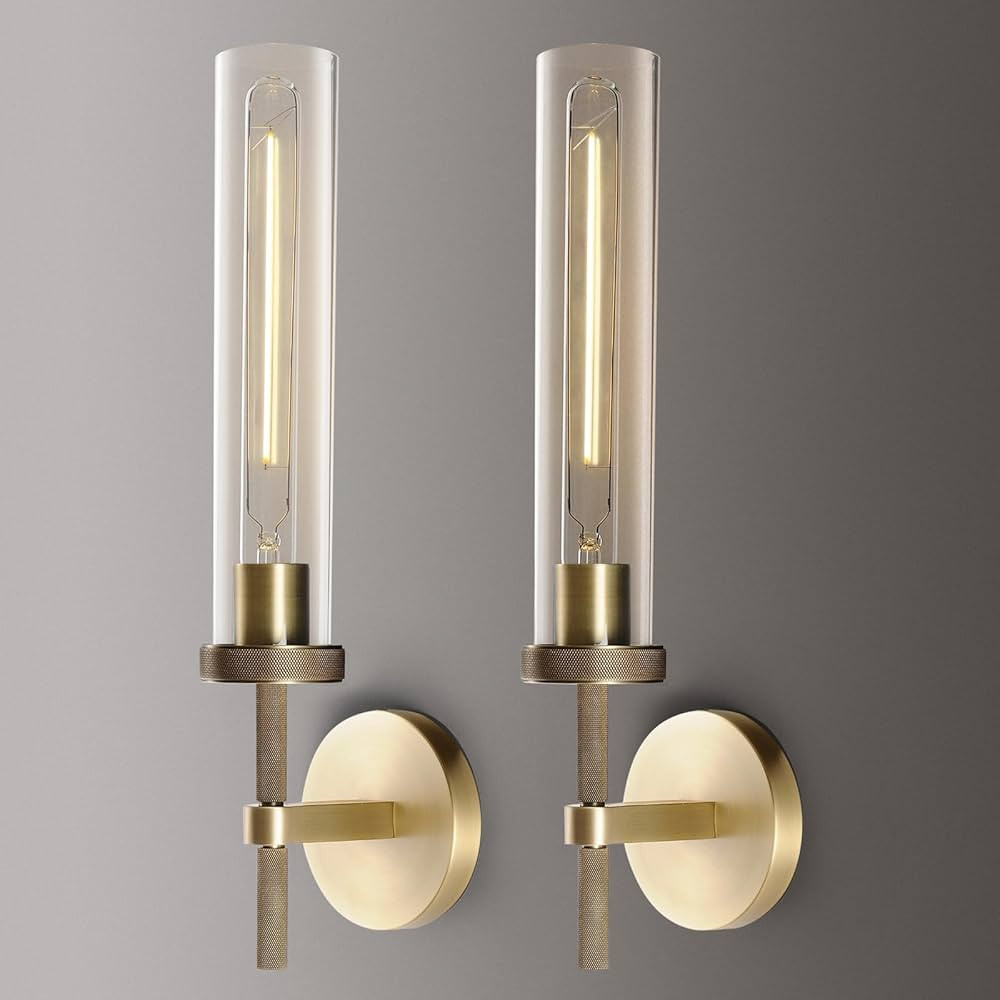 Joyunleo Brass Wall Sconces Set of Two, 19" Knurled Gold Sconces Wall Lighting, Tube Glass Bathro... | Amazon (US)