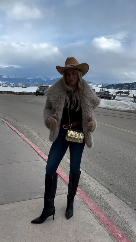 Good American skinny jeans and black long sleeve bodysuit in size XS! Support her story custom cowboy hat. Tory Burch gold purse. Amazon fashion boots.  #pinterestinspired #outfit #outfitinspo #winteroutfit #pinterestgirl #coldweather #coldweatherstyle #apresski #apres #skitrip #ootd #outfitcheck #fitcheck #winterfashion #snowoutfit #wintercoat 

#LTKfindsunder100 #LTKstyletip #LTKshoecrush