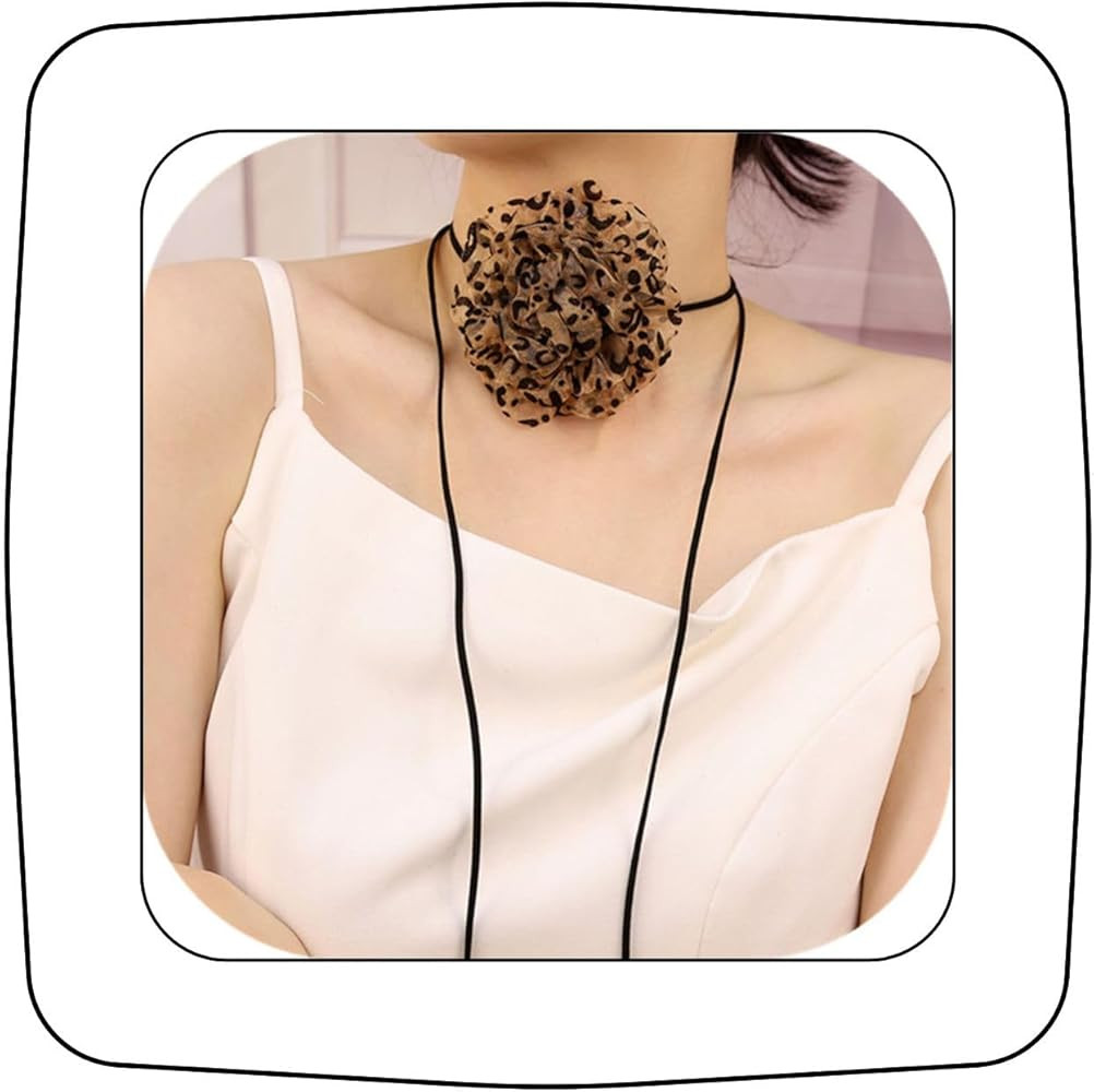 Vintage Leopard Print Flower Choker Necklace Long Suede Rope Lariat with Cloth Flower Handmade Fl... | Amazon (US)