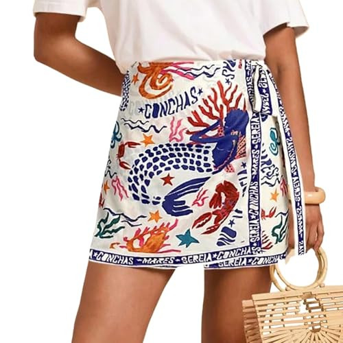 Keeliya Womens Wrap Mini Skirt Boho Floral Printed Knot Side High Waist A Line Casual Summer Beach Short Skirt Navy Blue | Amazon (US)