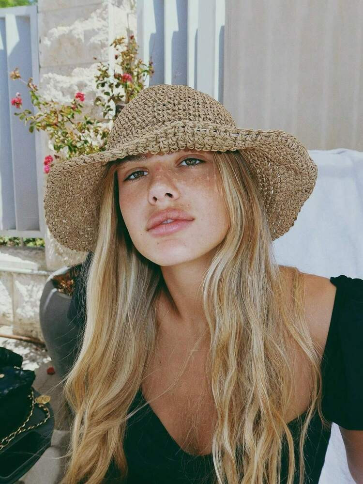 OBOVAY 1pc Women's Foldable Wide Brim Sun Hat - Lightweight Khaki Straw Hat Suitable For Summer T... | SHEIN