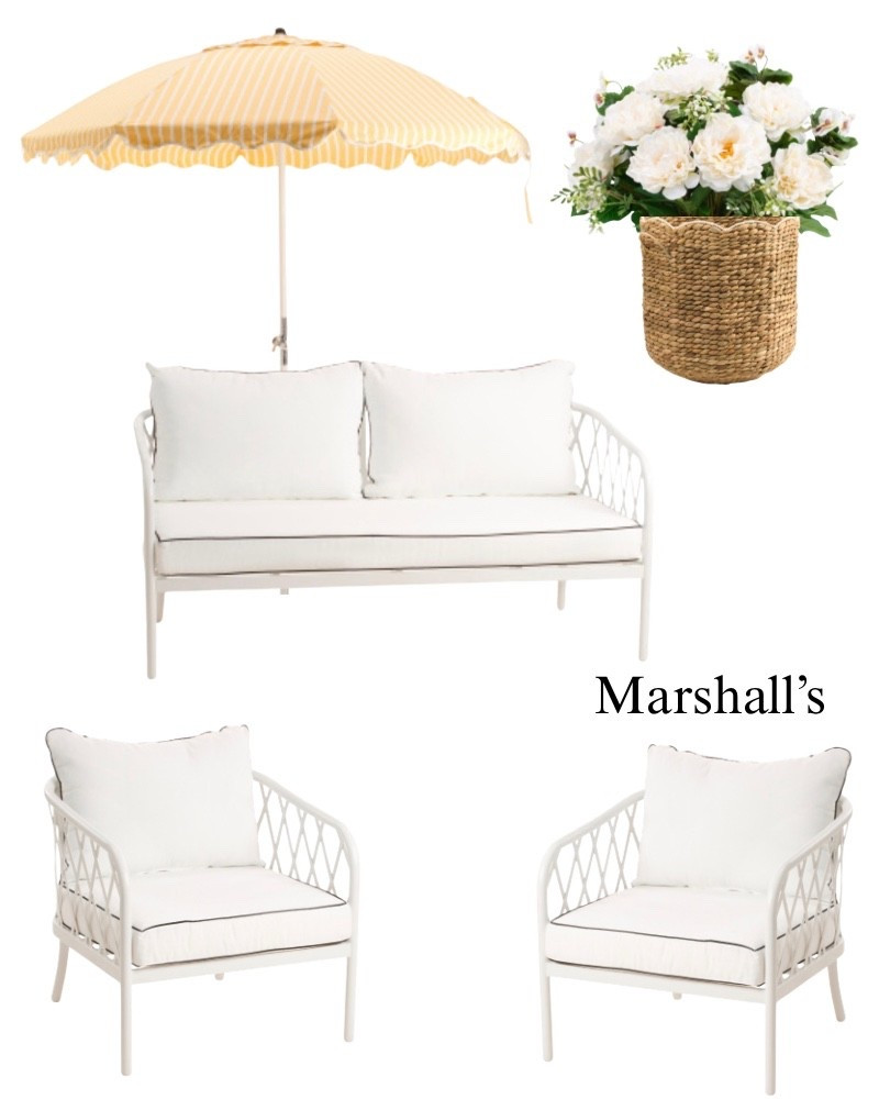 Martha Stewart outdoor furniture on sale at Marshall’s! This patio set is gorgeous I love the lattice detail on the back. Spring, Easter decor. Flowers, woven out, yellow striped umbrella.

#LTKSaleAlert #LTKSeasonal #LTKHome