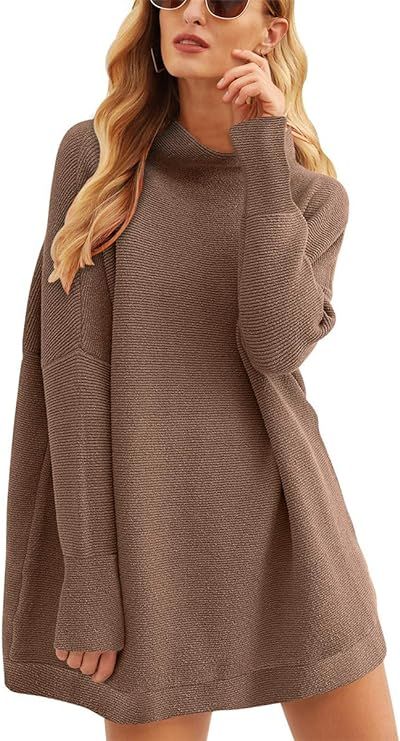 Prinbara Women's Long Sleeve Mock Neck Sweater Dress Loose Fitting Knit Pullover Tops Slouchy Tun... | Amazon (US)