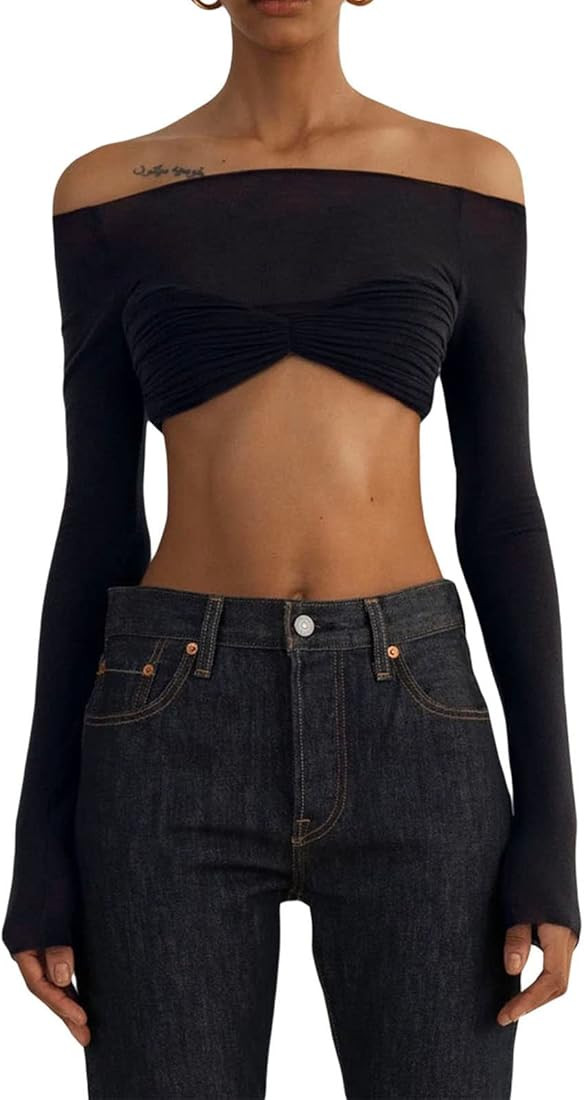 KMBANGI Y2k Off Shoulder Long Sleeve Tee Shirts Slash Neck Ruched Top Backless Slim Fit T Shirt S... | Amazon (US)