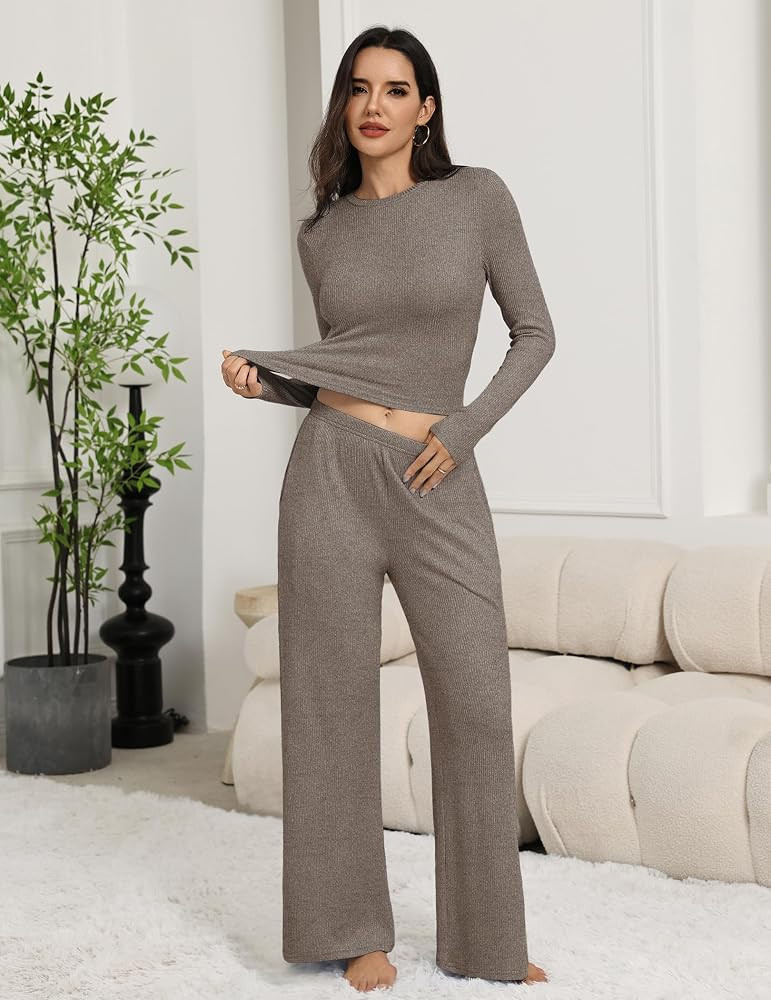 Ekouaer Pajamas for Women Set Long Sleeve Ribbed Knit Fall Lounge Set | Amazon (US)