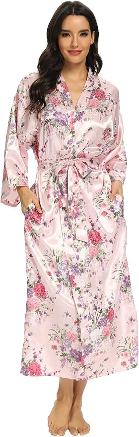 Women's Long Silk Robes Lightweight Long Satin Robes Full Length Sleepwear Dressing Gown | Amazon (US)
