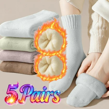 Women’s Wool Crew Socks 5 Pack, Thick Fleece-Lined Winter Warm Socks, Soft Thermal Cozy Knit Boot Socks, Fluffy Brushed Interior for Cold Weather | Walmart (US)
