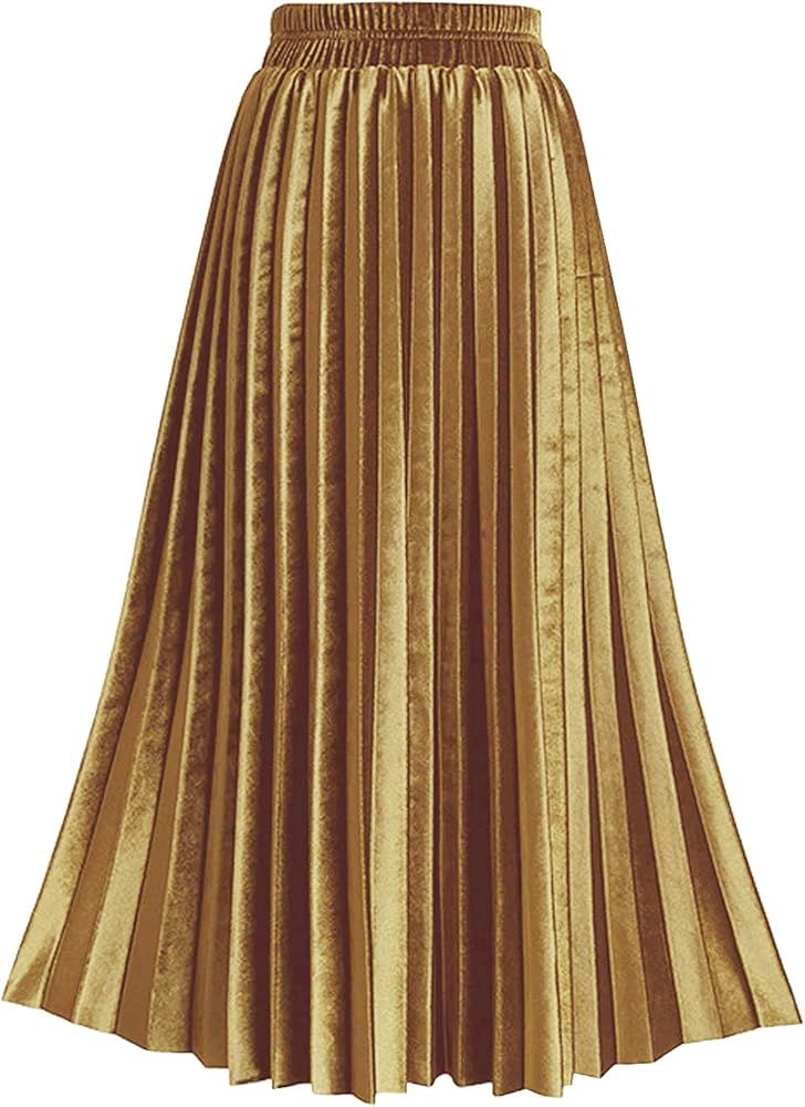 TONCHENGSD Women's High Elastic Waist Velvet Midi Long Pleated Swing Ruffled Skirt | Amazon (US)