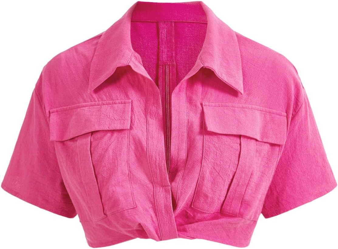 Verdusa Women's Short Sleeve Collar Neck Flap Pocket Twist Front Crop Top Shirts | Amazon (US)