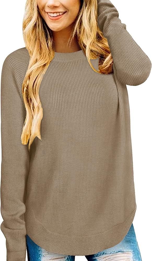 Jescakoo Womens Crew Neck Sweaters Long Sleeve Pullover Knitted Casual Comfy Jumper Tops | Amazon (US)