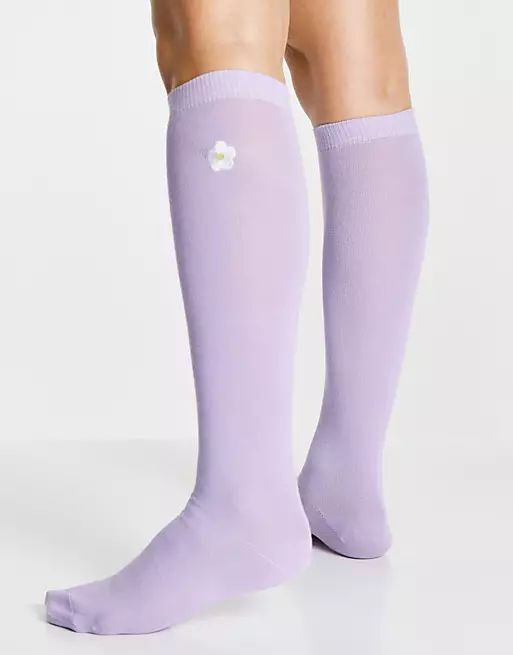 ASOS DESIGN knee high socks with embroidered flower motif in lilac | ASOS (Global)