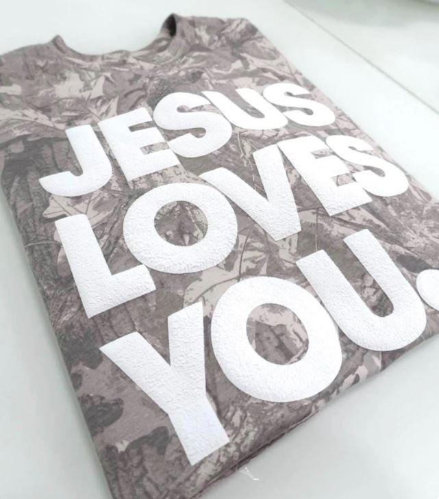 Camo Oversized T-Shirt – “Jesus Loves You” Puff Letter Effect | Streetwear Faith Tee Christian wear faith based tshirt etsy shop gift idea Christian girl 

 