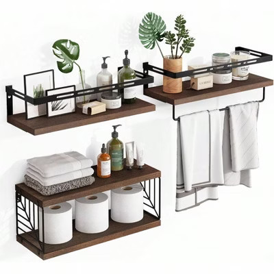 3+1 Tier Wall Mounted Bathroom Shelves Over Toilet Rustic Wood Floating Shelves with Metal Frame and Towel Bar Dark Brown Brown standard | Target