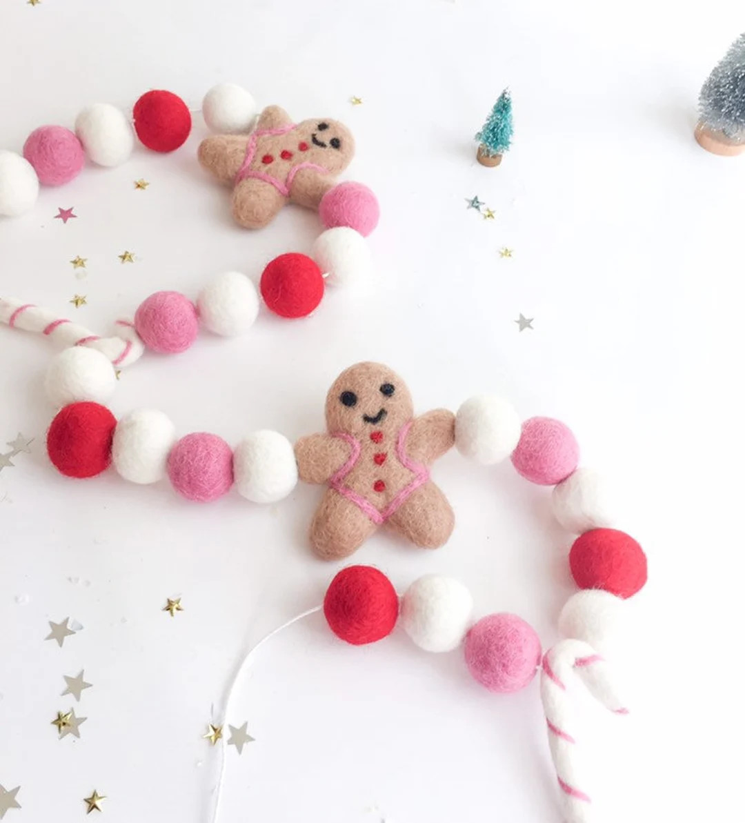 Pink Gingerbread Christmas Holiday Felt Ball Pom Garland/ Pink - Etsy | Etsy (US)