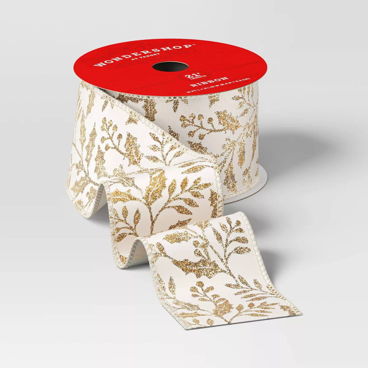 2.5" Glittered Holly Pattern Fabric Christmas Ribbon White/Gold 21ft - Wondershop™ | Target