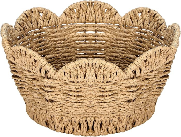 Sawysine Coastal Fruit Woven Basket Large Hand-woven Scalloped Round Tabletop Organizer for Bread... | Amazon (US)