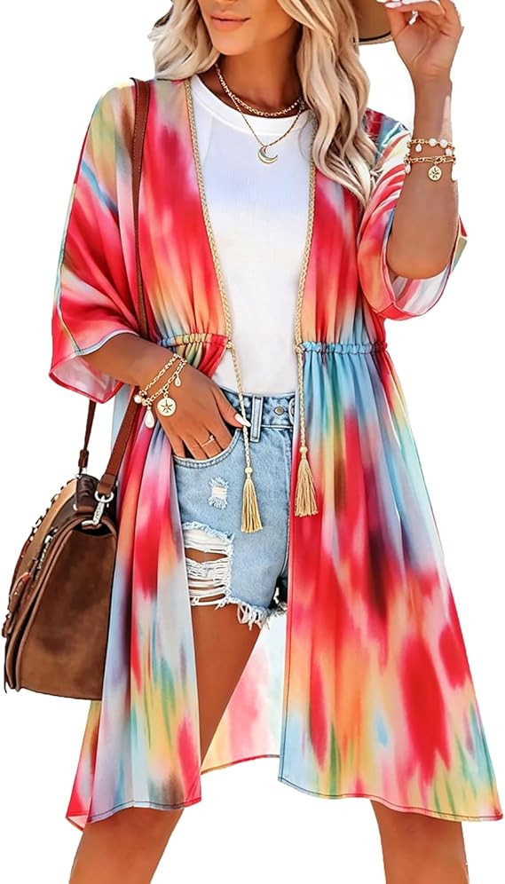 Womens Swimsuit Coverup Casual 3/4 Sleeve Cardigans Swimsuit Summer Beach Cover Ups with Tropical... | Amazon (US)