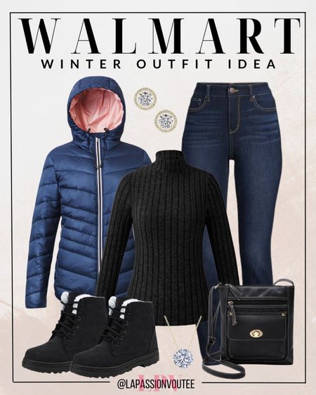 Bundle up in style with Walmart fashion! 🧥 Embrace winter vibes with a cozy puffer jacket, a classic black long sleeve sweater, and comfortable denim jeans. Step out in chic winter boots, carry essentials in a sleek body bag, and adorn yourself with elegant earrings and a necklace. Affordable winter glam awaits! 

#LTKstyletip #LTKHoliday #LTKSeasonal