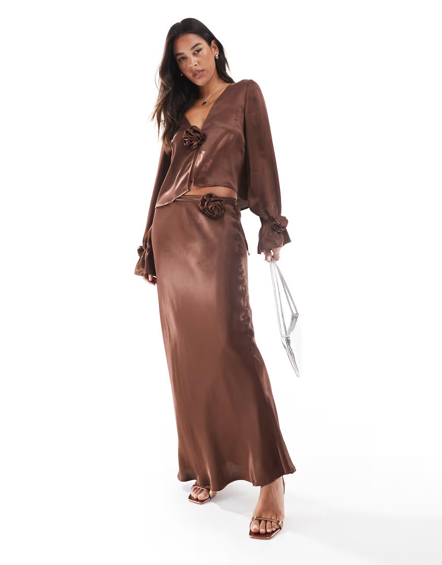 ASOS DESIGN satin corsage detail maxi skirt in chocolate-Brown | ASOS (Global)