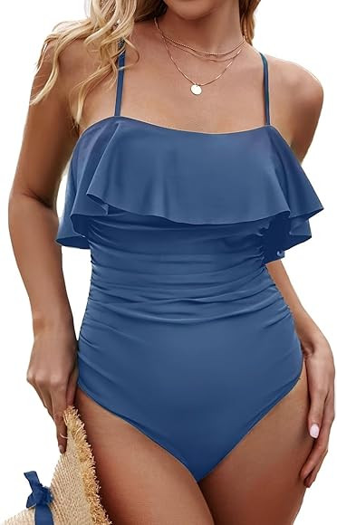 VIMPUNEC Ruffle Tummy Control Swimsuits for Women Ruched Cutout One Piece Swimsuit Lace Up Elegan... | Amazon (US)