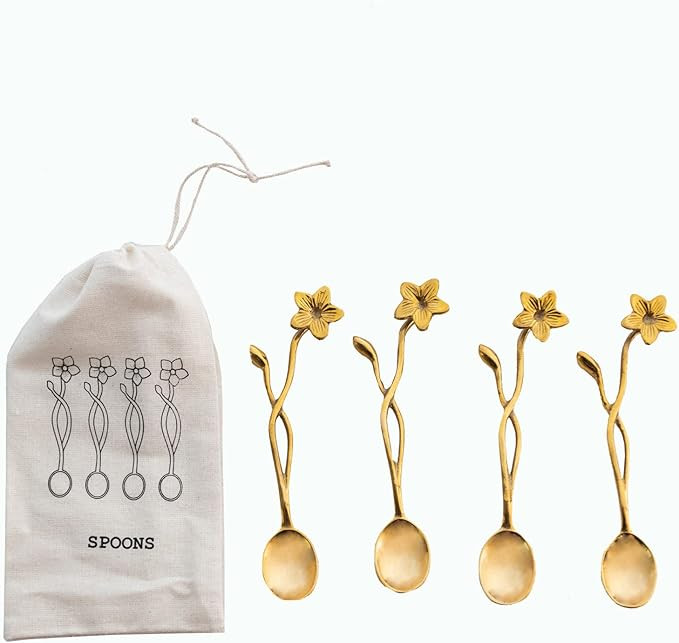 Creative Co-Op Farmhouse Brass Spoons with Flower Handles in Drawstring Bag, Brass Finish | Amazon (US)