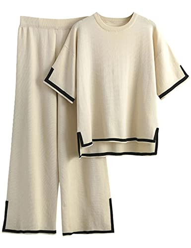 Tanming Sweater Sets Women 2 Piece Lounge Sets Short Sleeve Knit Pullover Tops Wide Leg Pants (Apricot-XL) | Amazon (CA)