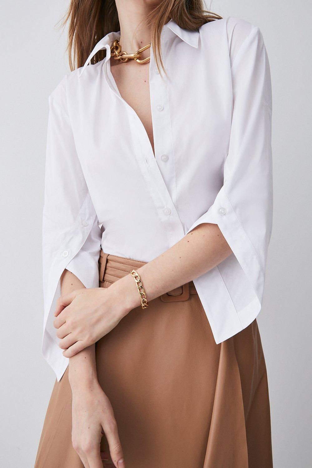 Button Sleeve Detail Tailored Shirt | Karen Millen UK + IE + DE + NL