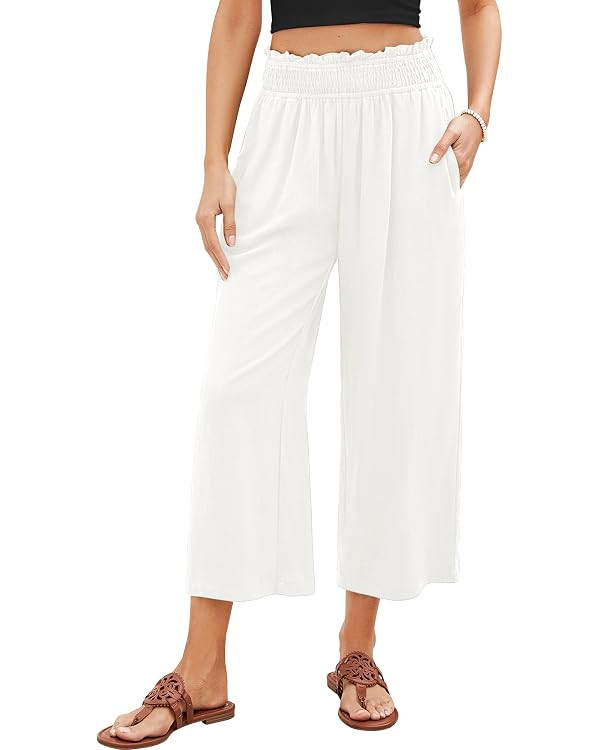 GRAPENT Capri Pants for Women High Waisted Wide Leg Linen Palazzo Trousers Pull On Elastic Smock ... | Amazon (US)