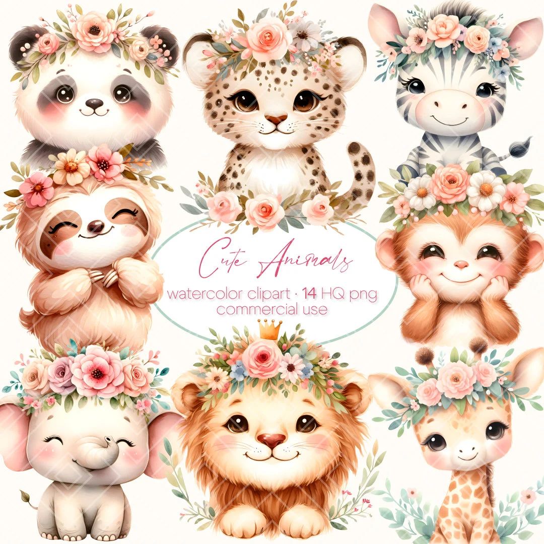 Cute Safari Animals, Watercolor Safari, Safari Animal Portrait, Safari PNG, Baby Shower Clipart, ... | Etsy (US)