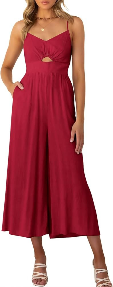 Prinbara Women's Summer V Neck Spaghetti Straps Cutout Smocked High Waist Wide Leg Jumpsuits Rompers | Amazon (US)