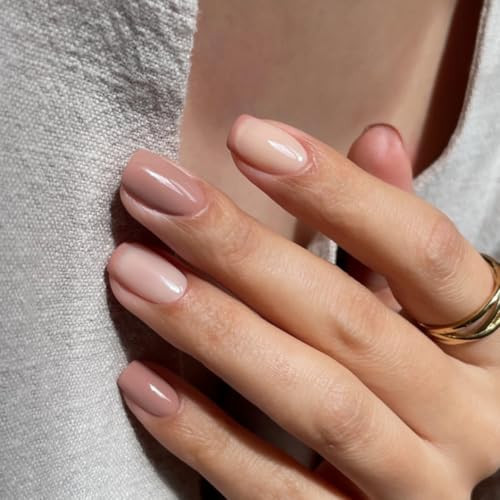 evpct Nude Brown French Tips Press on Nails Petite Squoval for Women Gift, Neutral + Nude Brown Liner Tips, Soft Gel Press Stick on Nail with Nail Kit, Fit Full Cover, Reusable Acrylic Fake Nails Kit | Amazon (US)
