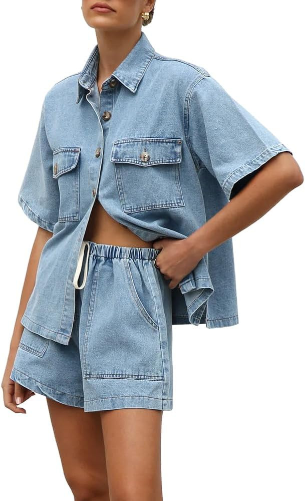 Molilove Women's Denim 2 Piece Outfits Short Sleeve Button Down Shirt Drawstring Shorts Set Casua... | Amazon (US)