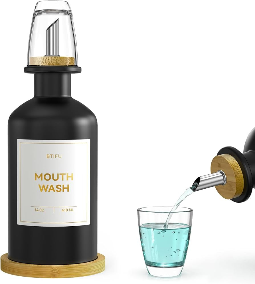 Black Glass Mouthwash Dispenser for Bathroom Countertop – 14oz/410ml Refillable Mouthwash Conta... | Amazon (US)