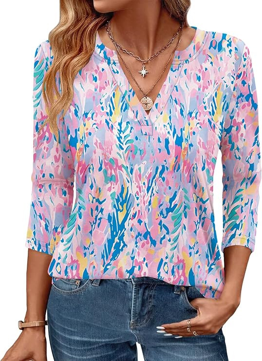 Womens Tops 3/4 Sleeve V Neck Spring Summer Work Tunic Shirts Business Dressy Casual Blouses | Amazon (US)