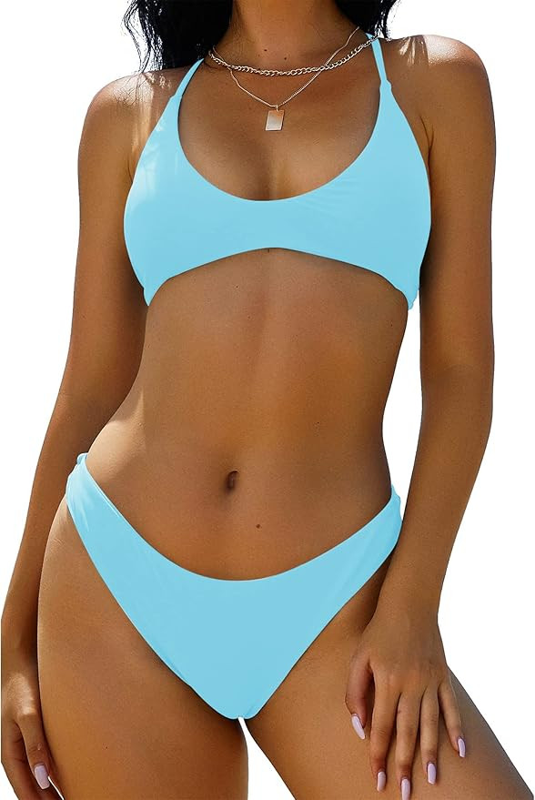 ZAFUL Women's Tie Back Padded High Cut Bralette Bikini Set Two Piece Swimsuit | Amazon (US)