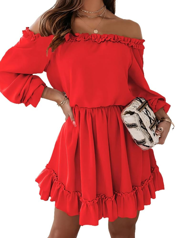 Womens Ruffle Off Shoulder Dress Red Ruffle Dress Ruffle Mini Dress Short Ruffle Dress Amazon Fall | Amazon (US)