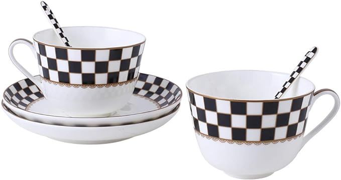 Porlien Checker Pattern 17-ounce Cappuccino Cup and Saucer Set of 2, with Coffee Spoons, Cappucci... | Amazon (US)