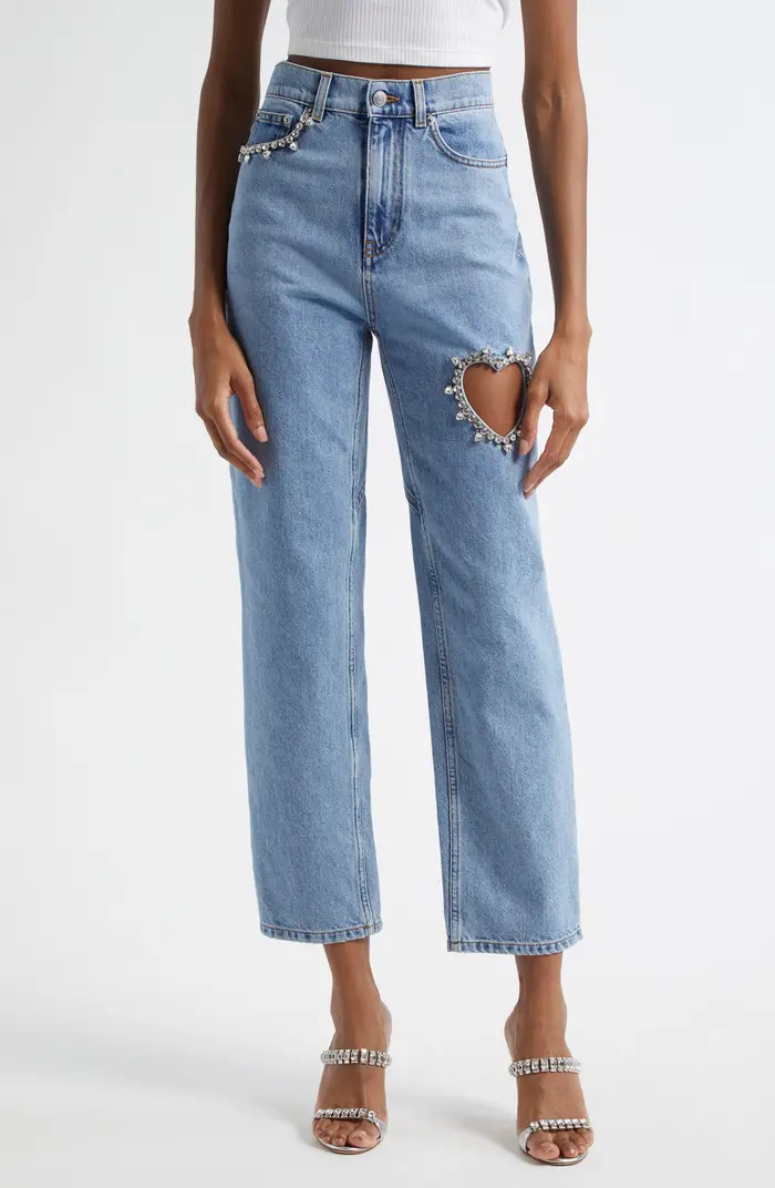 Area Crystal Heart Cutout Straight Leg Jeans | Nordstrom | Nordstrom