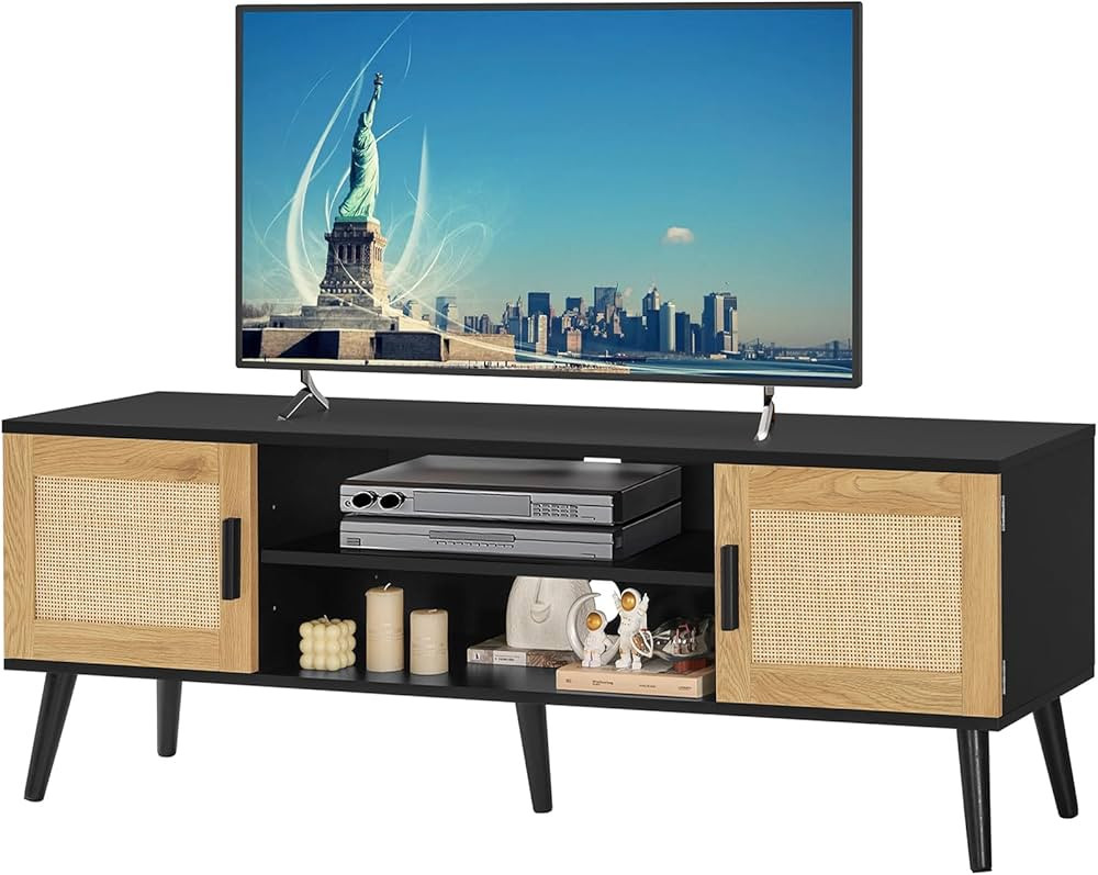 Iwell Rattan TV Stand for 70 inch TV, Entertainment Center with Adjustable Shelf & 2 Cabinets, TV... | Amazon (US)