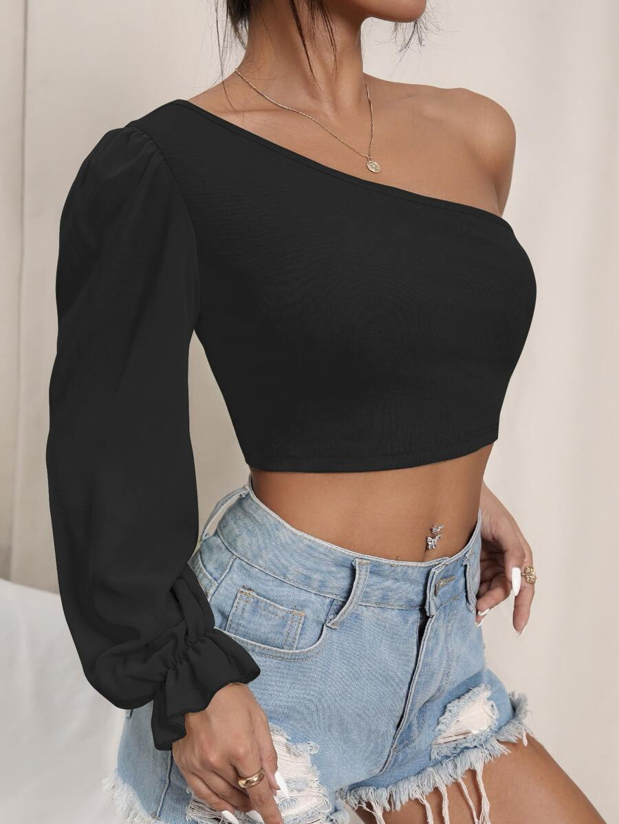 One Shoulder Flounce Sleeve Crop Blouse | SHEIN