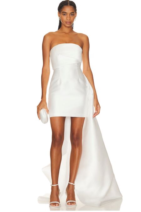 Strapless mini dress with train in white cream perfect for wedding ceremony bride or rehearsal dinner

#LTKwedding #LTKFind #LTKstyletip