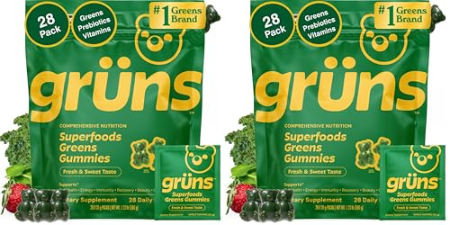 Gruns Adult Super Greens Multivitamin Gummies, Superfood Gummy Vitamins for Women and Men with Spirulina, Chlorella, Adaptogens & Prebiotic Fiber for Digestive Health (28 Count) (Pack of 2) | Amazon (US)